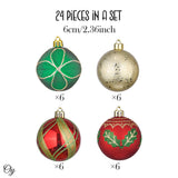 Refined Ornament Bauble Set, 24 Piece Red, Gold, and Green Glitter Christmas Bundle