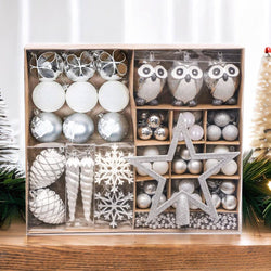 Winter Woodlands Large White and Silver Ornament Set of 90, Glittery Snow Owls, Cones, Snowflakes, and Stalactites