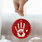 Baby Handprint in Red Glitter Themed Ornament, Christmas Nursery Keepsake and Tree Decor