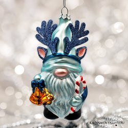 Charming Blue Gnome with Antlers Glass Christmas Ornament