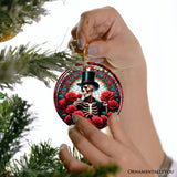 Elegant Bones Top-Hat Skeleton with Roses Stained Glass Style Ceramic Ornament, Halloween Themed Christmas Gift and Decor