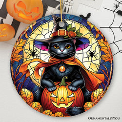 Enchanted Cat Witch Stained Glass Style Ceramic Ornament, Halloween Themed Christmas Gift and Decor