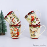 Festive Country Plaid Set of 4 Ceramic Mugs with Real Gold Trim, Christmas Kitchen Coffee Cup Gift with Santa, Cardinal, Deer, and Snowman