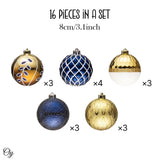 Festive Gold and Frosted Blue Assorted Ornament Bauble Bundle, Set of 16 Elegant Christmas Balls