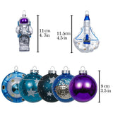 Galactic Space Theme Glass Ornament Bundle, Purple Star Pattern Baubles, Astronaut, Spaceship, and UFO Decorations