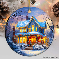 Glowing Winter Night Painting Ceramic Ornament, Warm and Inviting Christmas Tree Decor