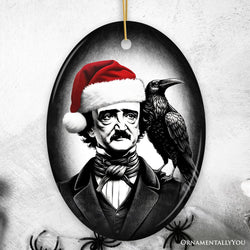 Gothic Edgar Allan Poe with Santa Hat And Raven Ornament, Spooky Halloween Tree Christmas Decor