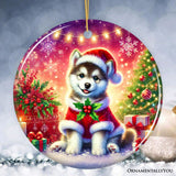 Merry Holly Berry Siberian Husky Ornament, Whimsical Christmas Tree Decor