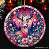 Mystical Yuletide Deer Pink Themed Ornament, Elegant Christmas Tree Decor