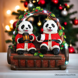 Nostalgic Panda Duo Festive Lighted Figurine, 6" LED Christmas Bear Statue