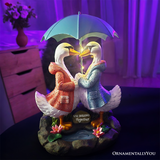 Romantic Swan Couple Under an Umbrella Solar Powered Garden Statue, 10" Lighted Outdoor Bird Figurine Decor