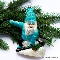 Snowboarding Gnome Glass Christmas Ornament, Winter Blue Aspen Tree Decor