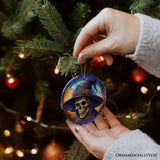 Witchy Grin Skull with Hat and Scarf Stained Glass Style Ceramic Ornament, Halloween Themed Christmas Gift and Decor