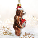 Grizzly Bear with Santa Hat and Gift Glass Christmas Ornament