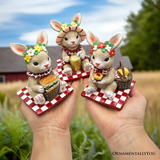 Joyful Picnic Gathering Bunny Trio Set of Three Figurines, Spring Rabbit Statue 4.5" Decor