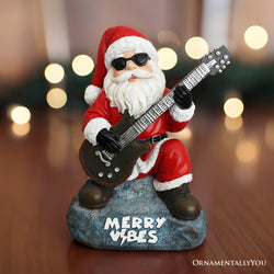 Merry Vibes Rockstar Santa Christmas Figurine, 10" Rock n Roll Lover Gift Garden Statue