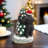 Whimsical Bigfoot Behind Christmas Tree Figurine, 7.5" Funny Holiday Yeti LED Statue, He Sees You When You're Sleeping