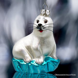 White Seal on a Glacier Glass Christmas Ornament, Pinnipeds and Sea Lion Themed Decor