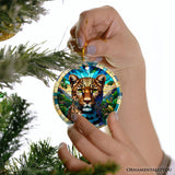 African Leopard Expedition Stained Glass Style Ceramic Ornament, Safari Animals Christmas Gift and Decor