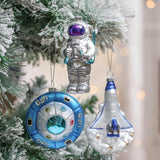 Galactic Space Theme Glass Ornament Bundle, Purple Star Pattern Baubles, Astronaut, Spaceship, and UFO Decorations