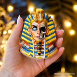 Evil Egyptian Pharoah Half Skull Head Glass Ornament, Gothic Halloween Tree Decor