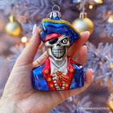 Fierce Pirate Skeleton Glass Ornament, Gothic Skull Ship Captain Spooky Decor