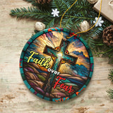 Religious Cross Jesus Stained Glass Art Ornament with Faith over Fear Quote