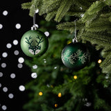 Unique Spruce Leaf and Woodland Deer Patterned Christmas Bauble Ball Set of Four, Glittered Light and Dark Green Ornaments