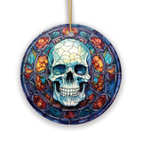 Ghastly Grin Spooky Halloween Skull Stained Glass Style Ceramic Ornament, Halloween Themed Christmas Gift and Decor