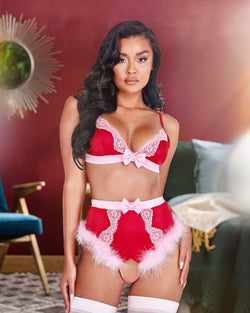 2pc Lace & Satin Marabou Bra Set