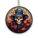 Elegant Skull with Blue Hat Stained Glass Style Ceramic Ornament, Halloween Themed Christmas Gift and Decor