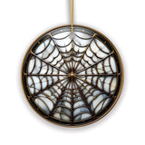 Golden Arachnid Haunt Intricate Spider Web Stained Glass Style Ceramic Ornament, Halloween Themed Christmas Gift and Decor