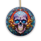 Grim Guardian Haunting Skull Stained Glass Style Ceramic Ornament, Halloween Themed Christmas Gift and Decor