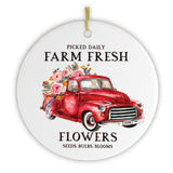 Artistic Red Truck and Farm Flowers Christmas Ornament