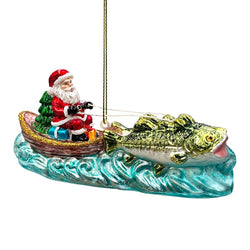 Santa's Fishing Adventure Glass Christmas Ornament, Holiday Angler Fish in Sleigh