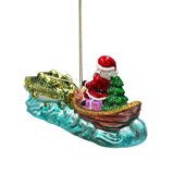 Santa's Fishing Adventure Glass Christmas Ornament, Holiday Angler Fish in Sleigh