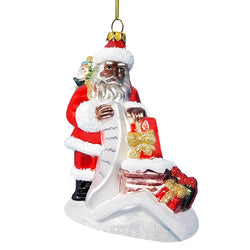 Black Santa and His List Glass Christmas Ornament, African American Tree Decor