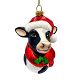 Festive Cow in Wreath Blown Glass Christmas Ornament, Farmhouse Theme Tree Decoration