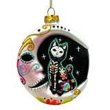 Folkloric Siamese Cat Sugar Skull Glass Ornament, Celestial Crescent Moon Halloween Decor