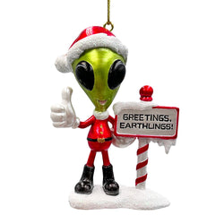 Greetings Earthlings Alien Ornament, Unique UFO Christmas Decor