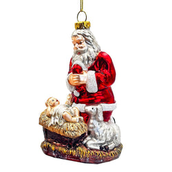 Innocent Santa and Baby Jesus Handblown Glass Christmas Ornament, Nativity Christian Holiday Decor