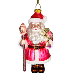 Pink Santa with Sceptor and Flowers Glass Christmas Ornament, Retro Tree Decor