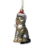 Tabby Cat with Santa Hat Glass Christmas Ornament