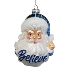 Vintage Blue Santa Believe Glass Christmas Ornament