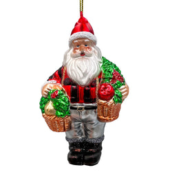 Wholesome Santa the Vegetable Farmer Glass Christmas Ornament, Farm Style Holding Potatoes, Lettuce, and Tomatoes