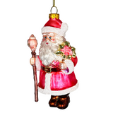 Pink Santa with Sceptor and Flowers Glass Christmas Ornament, Retro Tree Decor