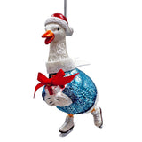 Playful Goose in Skates Glass Christmas Ornament, Whimsical Cute Duck Tree Decor