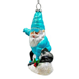 Snowboarding Gnome Glass Christmas Ornament, Winter Blue Aspen Tree Decor