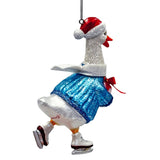 Playful Goose in Skates Glass Christmas Ornament, Whimsical Cute Duck Tree Decor