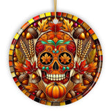 Autumn Harvest Sugar Skull Ornament, Vibrant Fall Foliage Christmas Gift and Decor